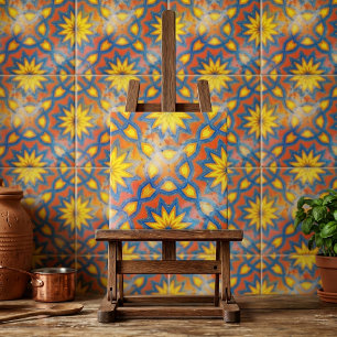 Vibrant Orange and Blue Moroccan Floral Mandala Ceramic Tile