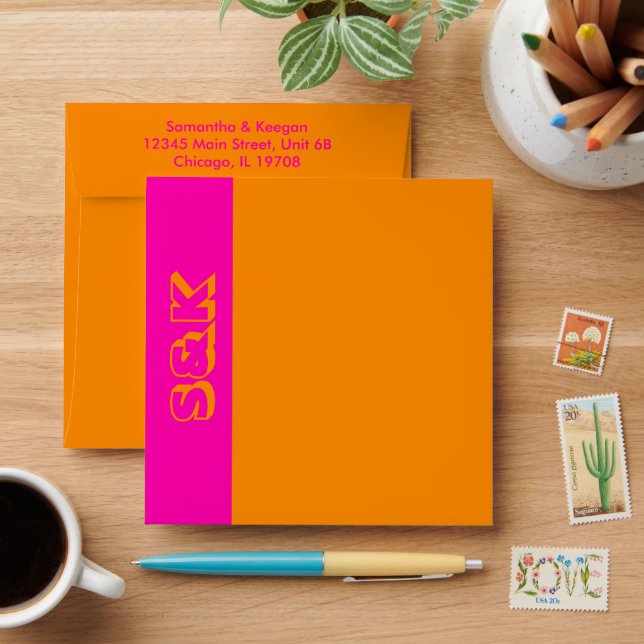 Vibrant Orange and Hot Pink Monogram Personalized Envelope (Desk)