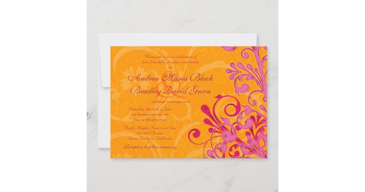 Vibrant Orange and Pink Floral Wedding Invitation | Zazzle