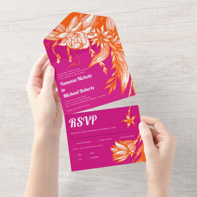 Vibrant orange and pink line art flowers wedding all in one invitation (Tearaway)