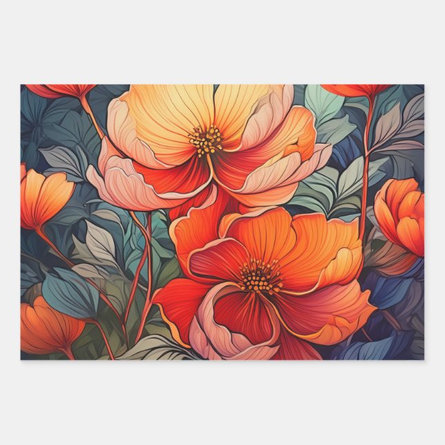 Vibrant orange and red flowers  wrapping paper sheets (Front)
