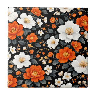 Vibrant Orange and White Flowers on Black  Ceramic Tile