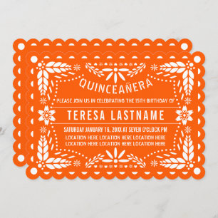 Vibrant orange and white papel picado Quinceañera Invitation