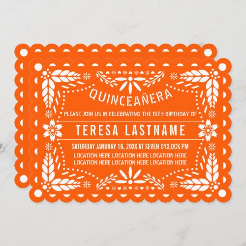Vibrant orange and white papel picado Quinceaera Invitation