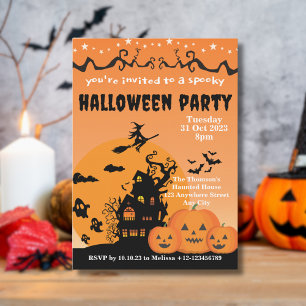 Vibrant Orange Black Haunted House Halloween  Invitation