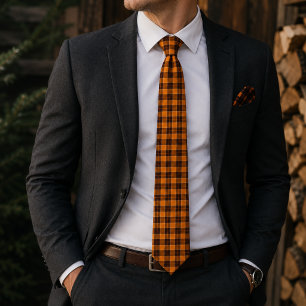 Vibrant Orange Black Plaid Neck Tie