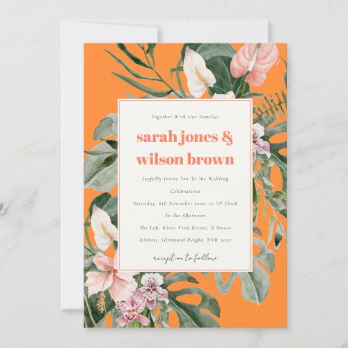 Vibrant Orange Blush Boho Tropical Floral Wedding Invitation