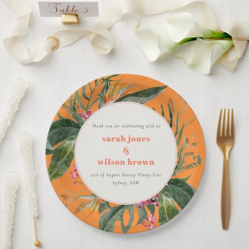 Vibrant Orange Blush Boho Tropical Floral Wedding Paper Plates