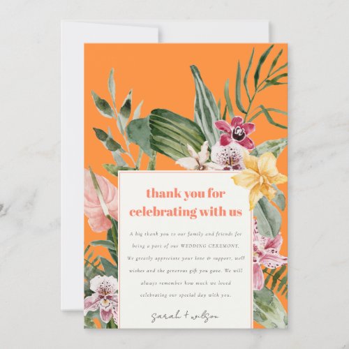 Vibrant Orange Blush Boho Tropical Floral Wedding Thank You Card