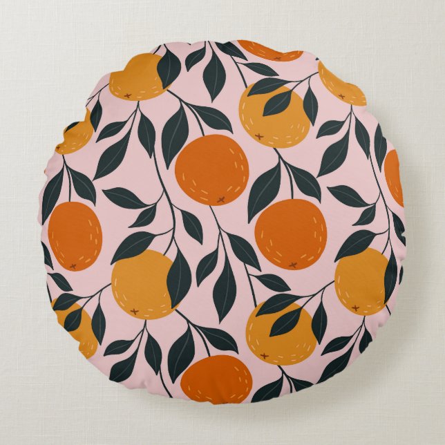 Vibrant Orange Citrus Seamless Pattern Round Pillow (Front)