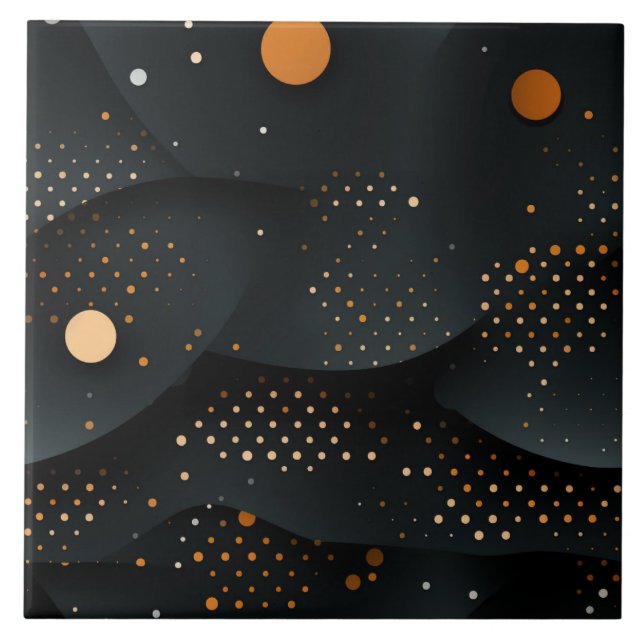 Vibrant Orange Dots, Dynamic Black Circles Ceramic Tile (Front)