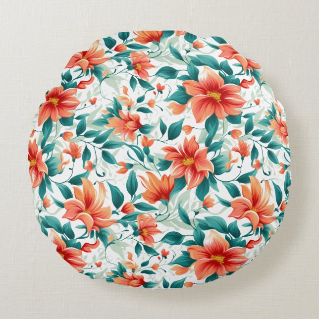 Vibrant Orange Floral Garden Pattern - Elegant Tea Round Pillow (Front)