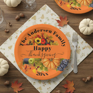 Vibrant Orange Floral Harvest Family Thanksgiving Paper Plates