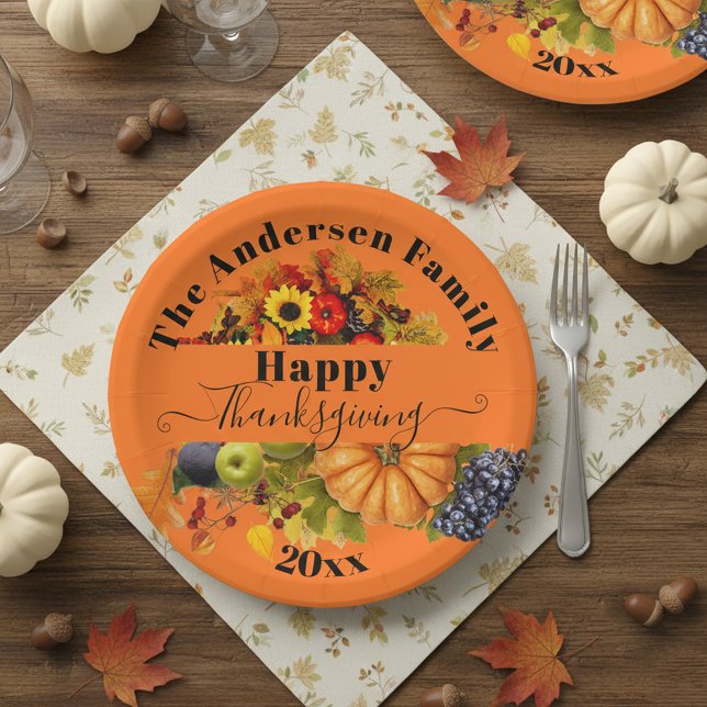 Vibrant Orange Floral Harvest Family Thanksgiving Paper Plates (Creator Uploaded)