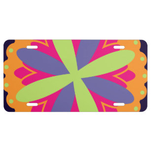 Vibrant Orange Floral Shapes License Plate
