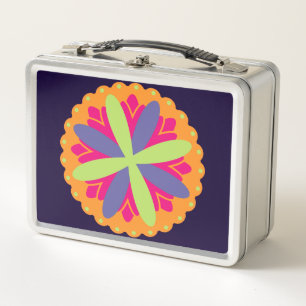 Vibrant Orange Floral Shapes Metal Lunch Box