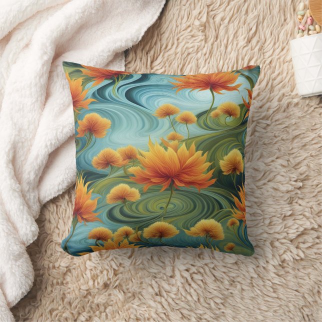 Vibrant Orange Flowers Amidst Swirling Blues Throw Pillow (Blanket)