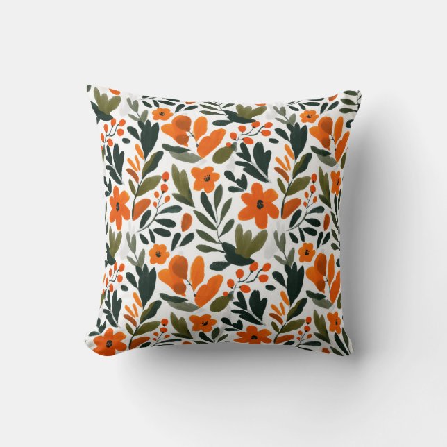 Vibrant Orange Flowers Spring Floral Pattern Chic Throw Pillow (Front)