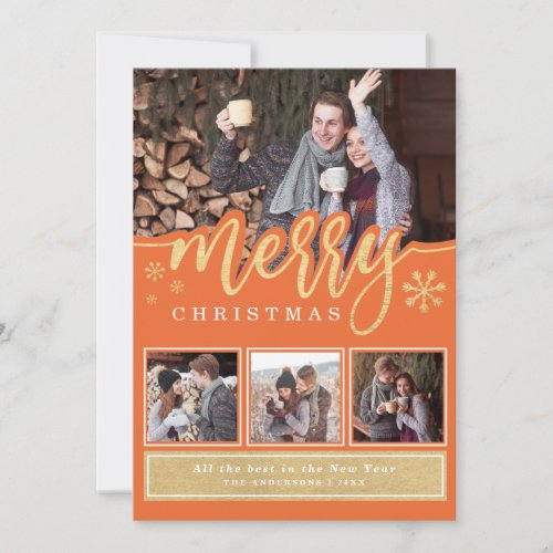 Vibrant Orange Gold Merry Christmas Photo Collage Holiday Card