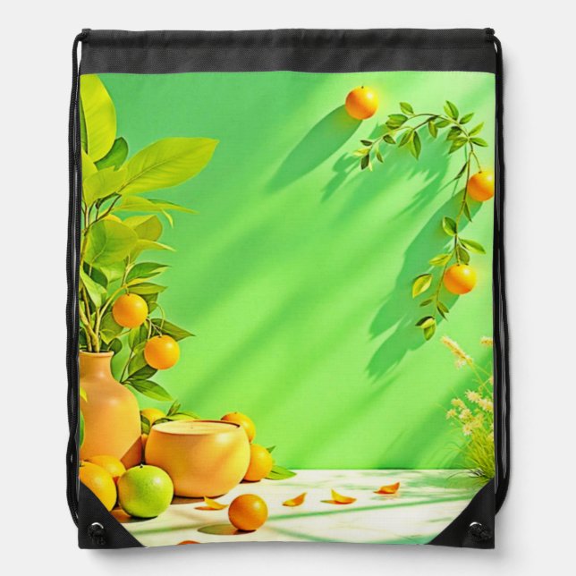 Vibrant Orange Green Still Life Design Drawstring Bag (Front)