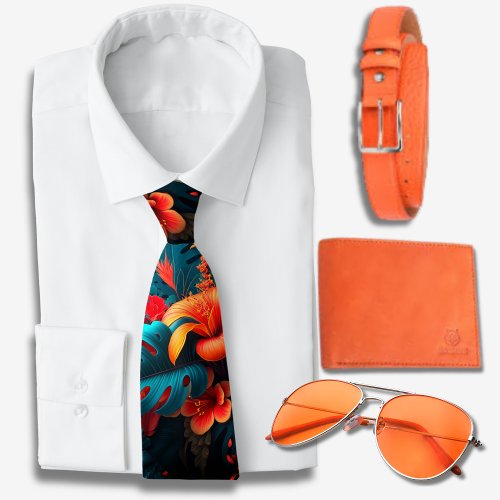 Vibrant Orange  Hawaiian pattern  Neck Tie