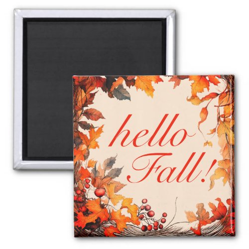 Vibrant Orange hello Fall Autumn Leaves  Magnet