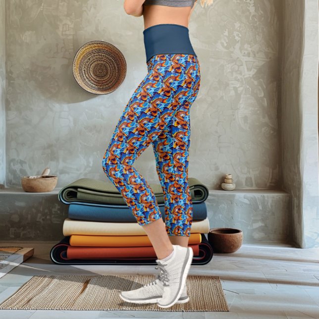 Vibrant Orange Koi Fish Blue Modern Capri Leggings (Creator Uploaded)