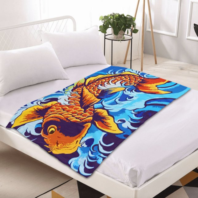 Vibrant Orange Koi Fish Blue Modern Fleece Blanket (Creator Uploaded)