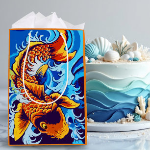 Vibrant Orange Koi Fish Blue Modern  Medium Gift Bag