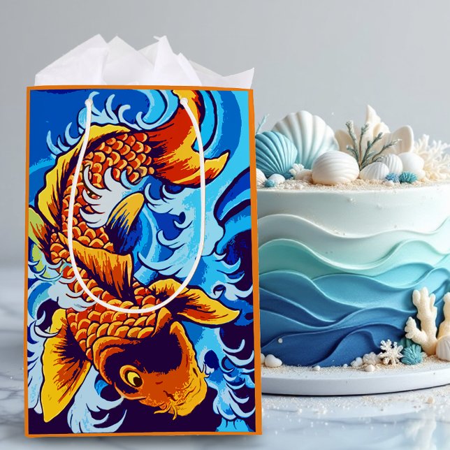 Vibrant Orange Koi Fish Blue Modern  Medium Gift Bag (Creator Uploaded)