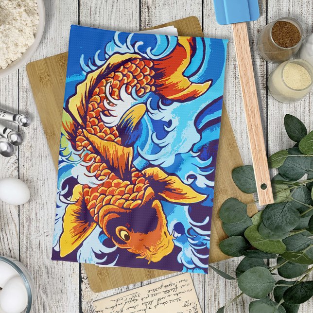 Vibrant Orange Koi Fish Blue Modern Towel (Creator Uploaded)