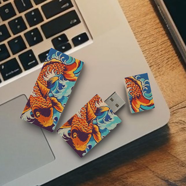 Vibrant Orange Koi Fish Blue Modern Wood Flash Drive (Creator Uploaded)