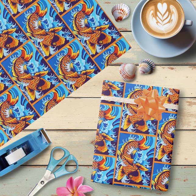 Vibrant Orange Koi Fish Blue Modern Wrapping Paper (Creator Uploaded)