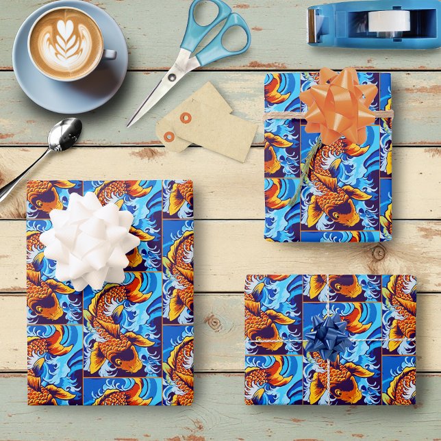 Vibrant Orange Koi Fish Blue Modern Wrapping Paper Sheets (Creator Uploaded)