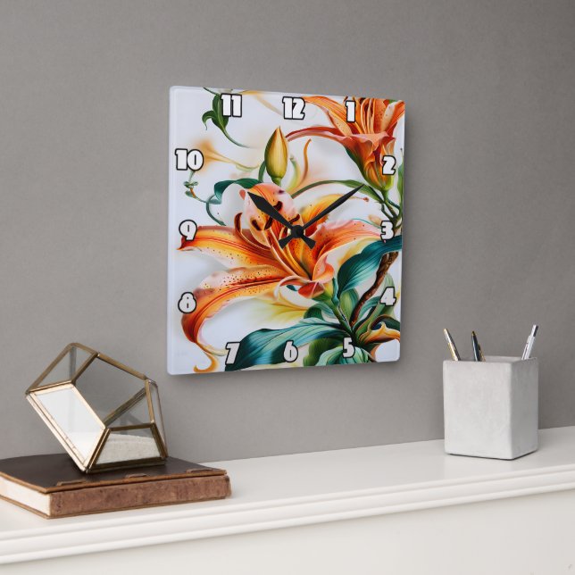 Vibrant Orange Lilies in Bloom During Spring Square Wall Clock (Office)