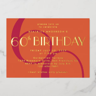 Vibrant Orange Magenta 60th Birthday Gold Foil Invitation