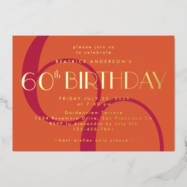 Vibrant Orange Magenta 60th Birthday Gold  Foil Invitation (Front)