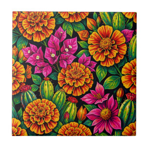 Vibrant Orange Magenta Marigold Cactus Tropical Ceramic Tile