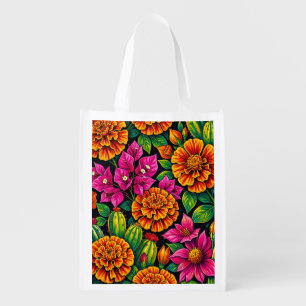 Vibrant Orange Magenta Marigold Cactus Tropical Grocery Bag