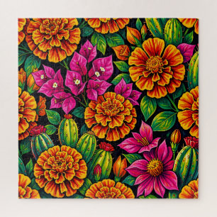 Vibrant Orange Magenta Marigold Cactus Tropical Jigsaw Puzzle