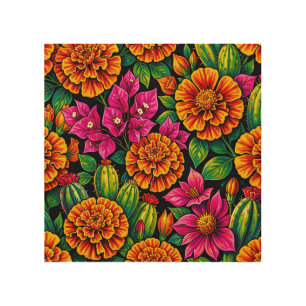 Vibrant Orange Magenta Marigold Cactus Tropical Wood Wall Art