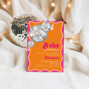 Vibrant Orange Pink Disco Ball Baby Shower Design Invitation