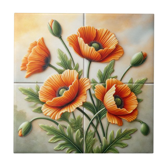 Vibrant Orange Poppy  Ceramic Tile (Front)
