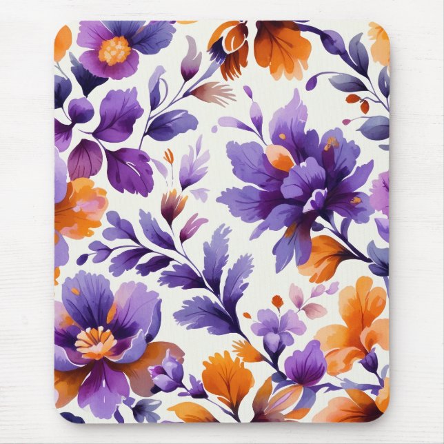 Vibrant Orange & Purple Watercolor Floral  Mouse Pad (Front)