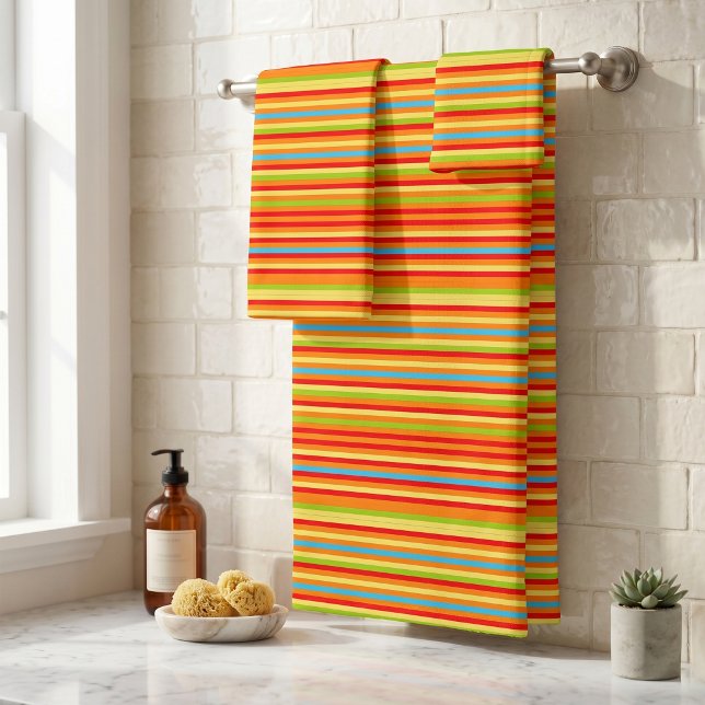 Vibrant Orange Red Yellow Green Blue Stripes Bath Towel Set (Creator Uploaded)