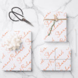 Vibrant orange script calligraphy names wedding  wrapping paper sheets<br><div class="desc">Make your wedding day even more unique with our vibrant orange calligraphy names Wrapping Paper Sheets. These sheets can be personalized with your names, so they're special to you. If your names take more or less space than the standard text size, you can adjust the text size to make sure...</div>