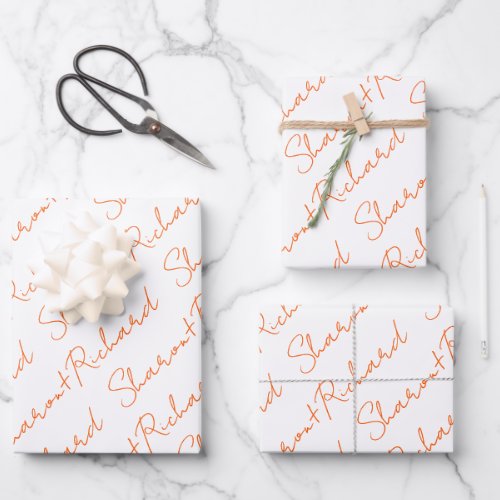 Vibrant orange script calligraphy names wedding  wrapping paper sheets