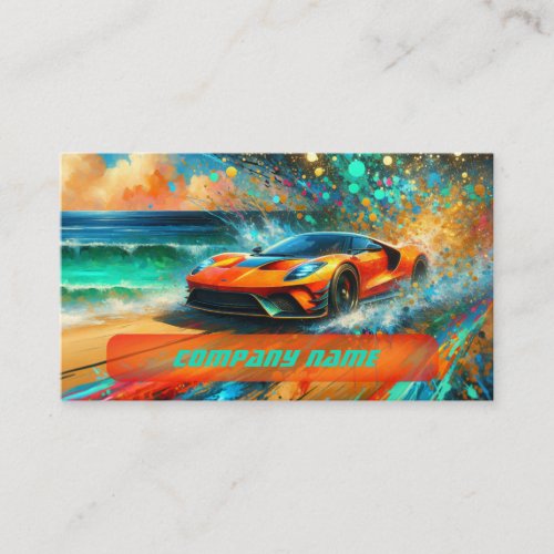 Vibrant Orange Sportscar on a Tropical Beach  Business Card