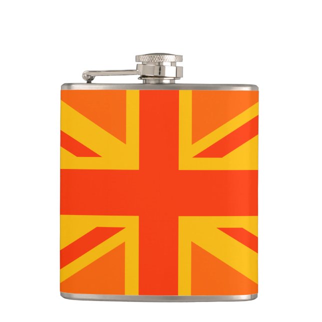Vibrant Orange Union Jack British Flag Swag Flask (Front)