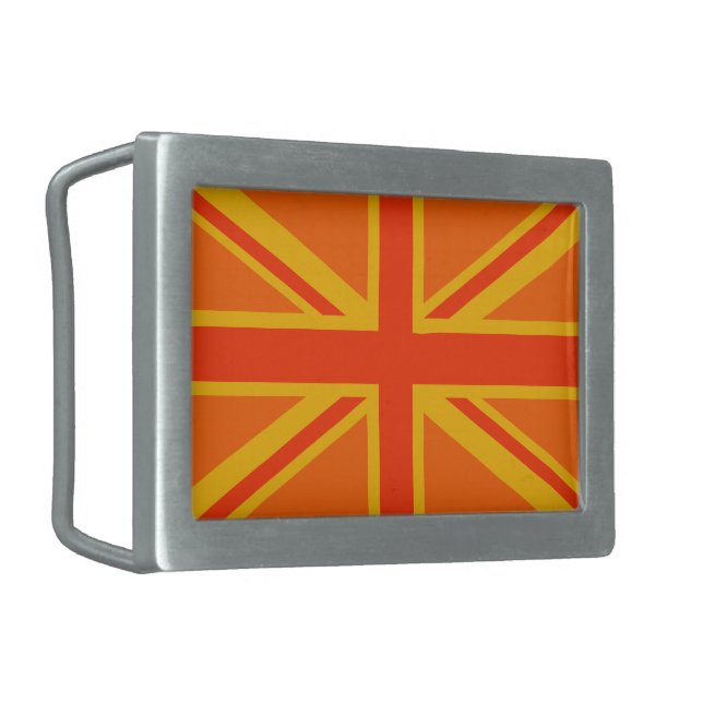 Vibrant Orange Union Jack British Flag Swag Rectangular Belt Buckle (Front Left)